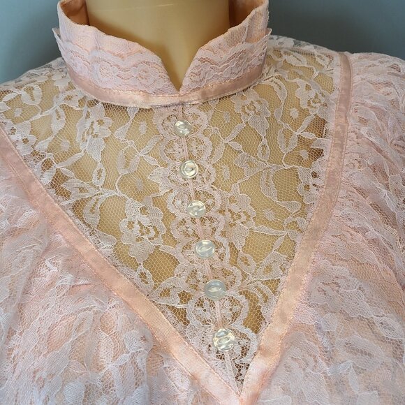 Vintage 70s Victorian Cottagecore Pink Lace Flounce Sleeve Prairie Maxi Dress S - Picture 5 of 16